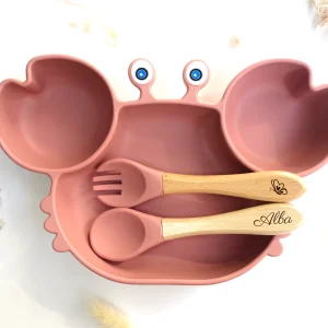 Set repas + couverts en forme de crabe – Assiette bébé – rose