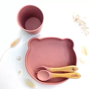 Set de repas + couvert + verre en forme en forme d’Ours pour enfant rose