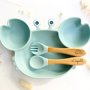 Set repas + couverts en forme de crabe – Assiette bébé bleu ciel