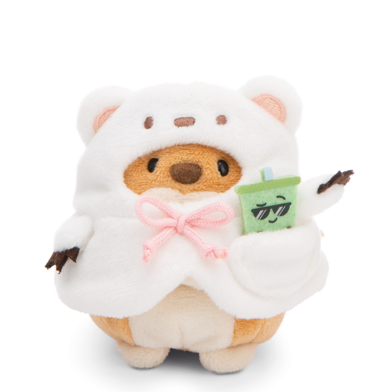 Ensemble peluche chien Hiro avec bubble tea et costume d’ours polaire