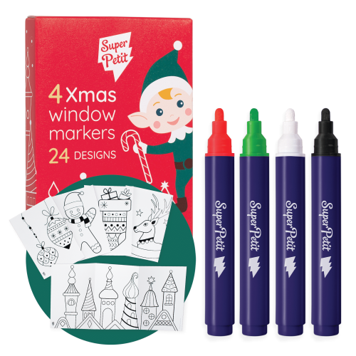 Boite de 4 feutres pour vitres + 24 motifs à reproduire pour Noël